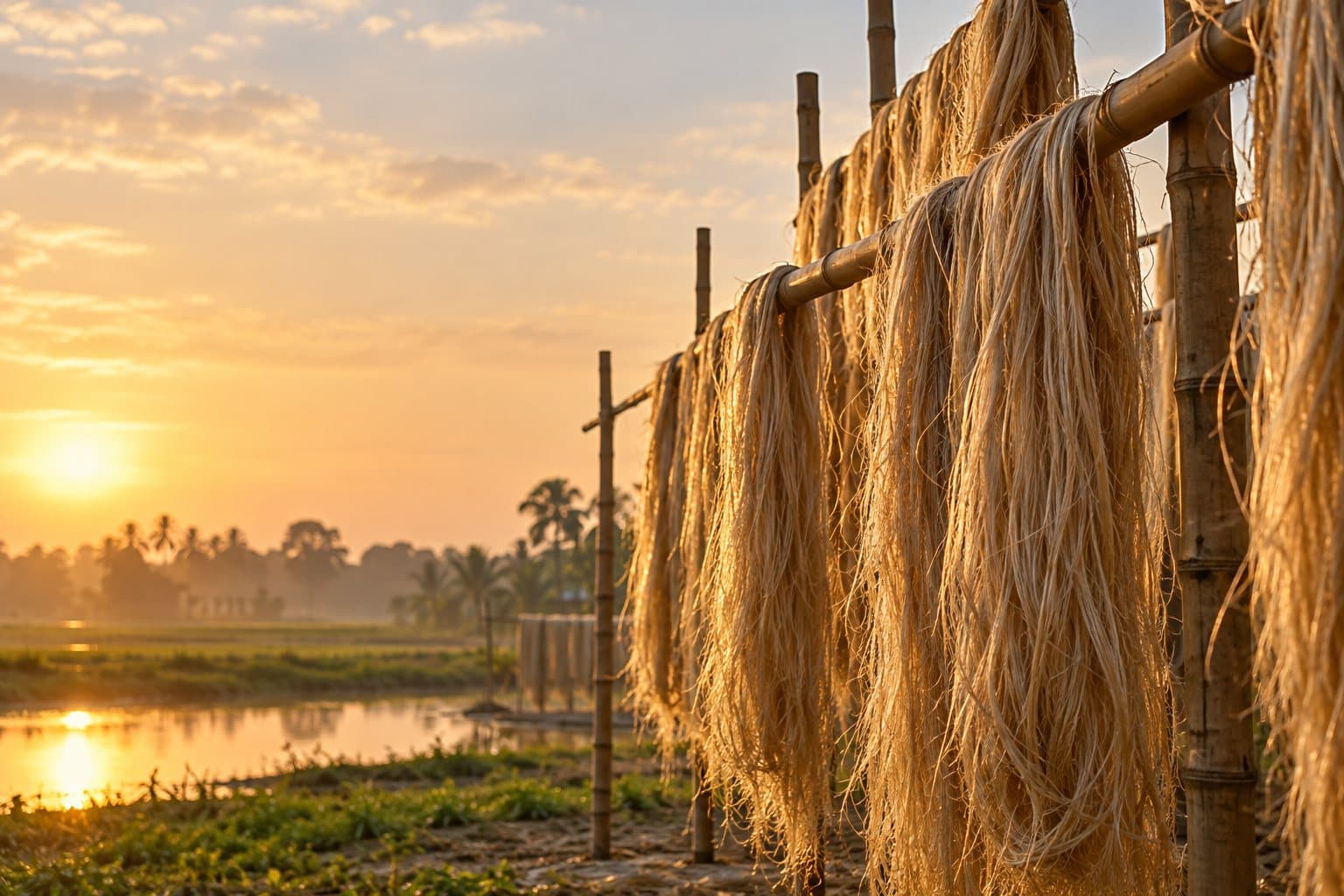 Golden jute fibre hanging to dry on bamboo poles beside a river at sunrise
