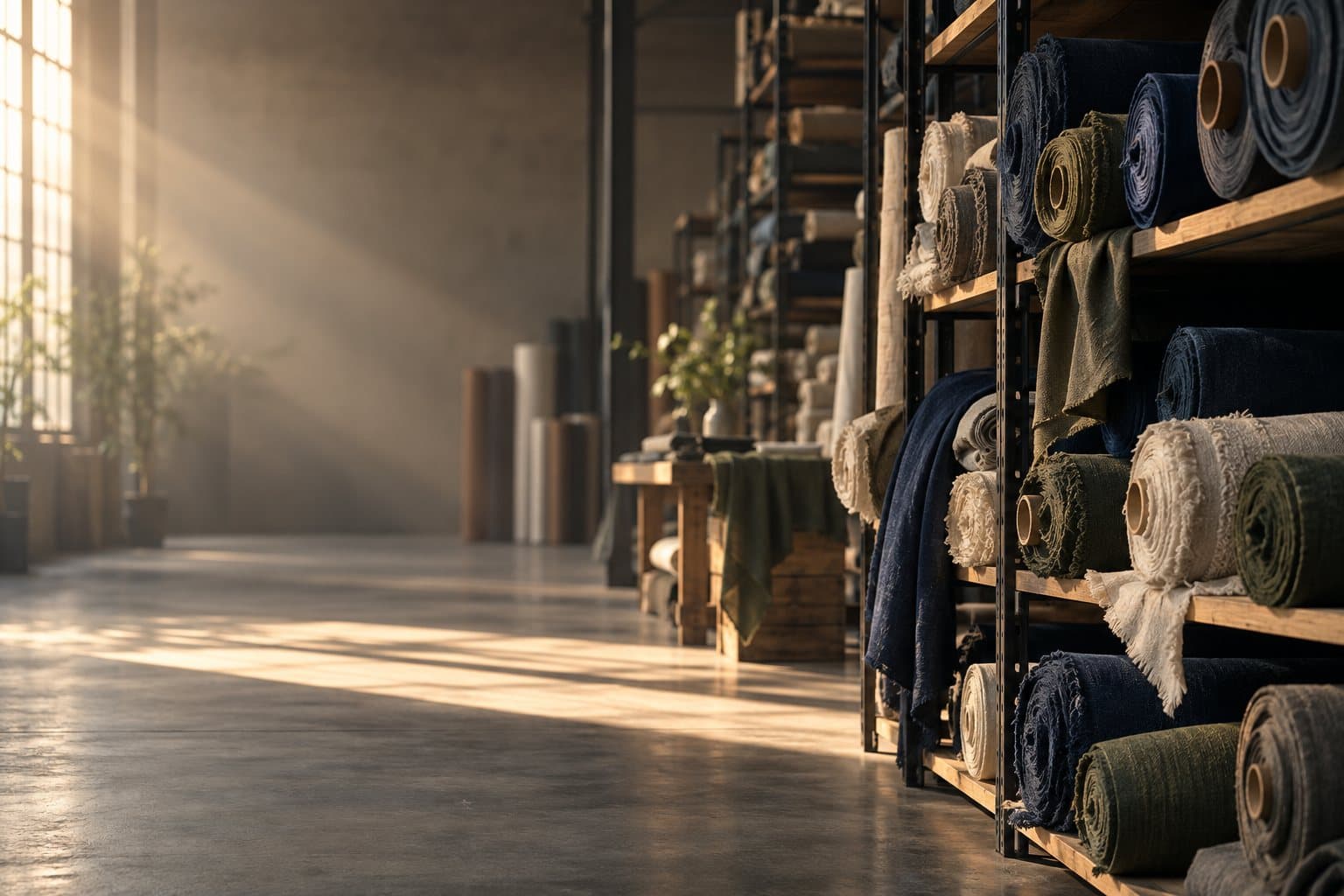 Rolls of indigo, olive and natural fabric on warehouse shelves in soft light