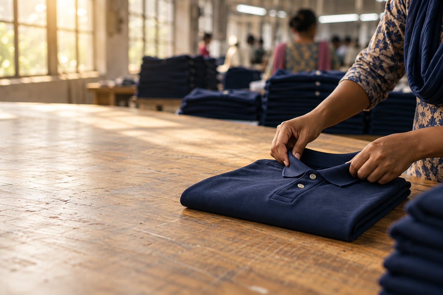 Hands folding a navy polo shirt on a cutting table