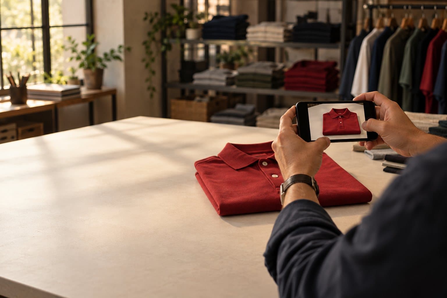 A factory owner photographing a red polo shirt with a phone